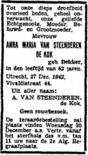 1942 Overlijden Anna Maria Dekker [1880 - 1942]  